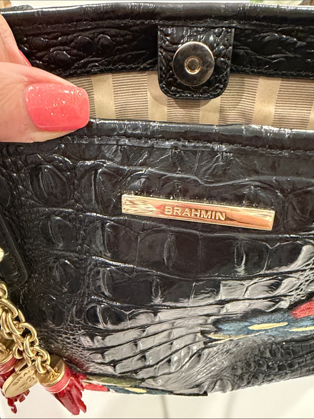 Brahmin Black Floral Embroidered Tote Bag with Red Tassel Charm - Picture 12 of 17